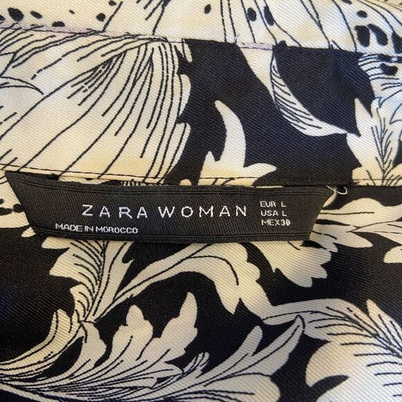 Zara Woman NWOT Black and White Floral Button-Up Belted Straight Dress L - Picture 3 of 6